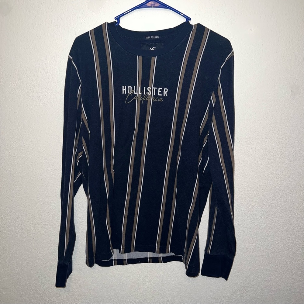 Holister mens large long sleeve t-shirt stripped neutral colors blue and brown